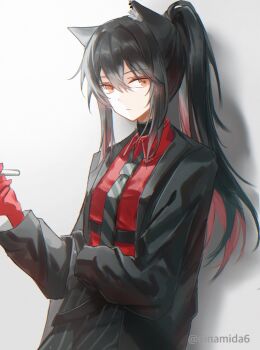 Rule 34 | 1girl, animal ear fluff, animal ears, arknights, black hair, black jacket, black necktie, closed mouth, collared shirt, commentary, diagonal-striped clothes, diagonal-striped necktie, expressionless, gloves, grey background, hair between eyes, highres, jacket, long hair, long sleeves, necktie, nianamo61, official alternate costume, open clothes, open jacket, orange eyes, ponytail, red gloves, red shirt, shirt, solo, striped clothes, symbol-only commentary, texas (arknights), texas (willpower) (arknights), twitter username, watermark, wolf ears, wolf girl
