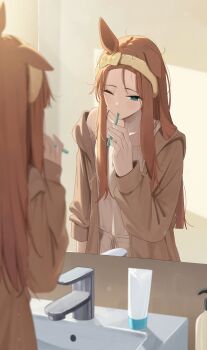1girl animal_ears aqua_eyes bangs_pinned_back blurry blush brown_camisole brown_jacket brown_shorts brushing_teeth camisole commentary_request depth_of_field hairband highres holding holding_toothbrush horse_ears horse_girl indoors jacket long_hair mirror ningen_gokko one_eye_closed orange_hair reflection reflection_focus shorts silence_suzuka_(umamusume) single_bare_shoulder single_off_shoulder sink solo toothbrush toothbrush_in_mouth toothpaste umamusume yellow_hairband