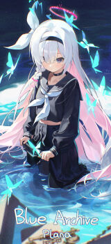 Rule 34 | 1girl, absurdres, black choker, black hairband, black pantyhose, black sailor collar, black serafuku, black shirt, black skirt, blue archive, blush, braid, chinese commentary, choker, closed mouth, clothes lift, colored inner hair, commentary request, grey eyes, hair over one eye, hair ribbon, hairband, halo, highres, long hair, long sleeves, mogurine, multicolored hair, navel, neckerchief, pantyhose, partially submerged, pink hair, pink halo, plana (blue archive), pleated skirt, red pupils, ribbon, sailor collar, school uniform, serafuku, shirt, single braid, skirt, skirt lift, solo, two-tone hair, white hair, white neckerchief, white ribbon