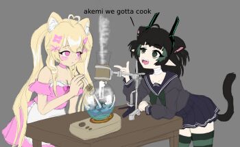 2025 2girls ahoge akemi_kurai animal_ears black_hair blonde_hair cat_ears chemistry drugs elfinpsyop english_text green_eyes grey_background heart heart_ahoge highres indie_virtual_youtuber leaning_on_object methamphetamine multiple_girls nonoxnobody open_mouth pink_eyes pointy_ears stuffed_toy table