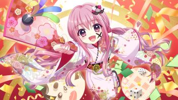 1girl :d arm_up asahi_hina black_sandals dice dot_nose egasumi facepaint film_grain floral_print floral_print_kimono from_above game_cg hagoita hair_ornament hane_(hanetsuki) hanetsuki holding holding_paddle izumi_tsubasu japanese_clothes kimono long_hair looking_at_viewer low_twintails new_year non-web_source obi official_art open_mouth paddle pink_eyes pink_hair pink_kimono pink_nails print_kimono re:stage! sandals sash sidelocks smile socks solo sparkle twintails white_socks