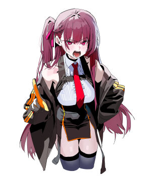 1girl absurdres black_gloves black_jacket black_skirt black_thighhighs blush breasts commentary cropped_legs girls&#039;_frontline gloves hair_ribbon highres jacket long_hair looking_at_viewer necktie off_shoulder one_side_up open_clothes open_jacket open_mouth pink_ribbon pointing pointing_at_viewer purple_hair red_eyes red_necktie ribbon ruppu shirt simple_background skirt sleeveless sleeveless_shirt solo striped_clothes striped_jacket sweatdrop thighhighs two-tone_gloves vertical-striped_clothes vertical-striped_jacket wa2000_(girls&#039;_frontline) white_background yellow_gloves
