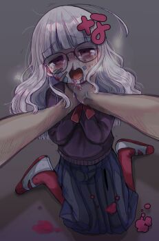 1girl ahoge artist_self-insert asphyxiation bags_under_eyes blood blood_from_mouth blood_splatter blue_skirt blunt_bangs bruise bruise_on_face commentary_request crying crying_with_eyes_open drooling full_body furrowed_brow gauze gauze_on_cheek glasses grey_background grey_hair half-closed_eyes head_tilt highres injury long_hair long_sleeves looking_at_viewer messy_hair mojyo nosebleed original pantyhose pleated_skirt pov pov_hands purple_sweater red_eyes red_pantyhose ryona shadow shoes sidelocks sitting skirt snot solo_focus strangling sweater tears text_hair_ornament uwabaki wariza wavy_hair yasashii_naizou yasashii_naizou-chan