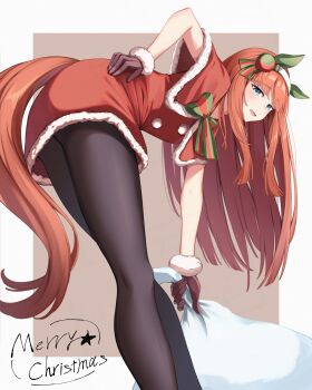 1girl absurdres animal_ears bent_over black_pantyhose blue_eyes blunt_bangs blush bow brown_gloves capelet christmas dress ear_covers fur-trimmed_capelet fur-trimmed_dress fur-trimmed_gloves fur_trim gloves green_eyes hairband highres hime_cut holding holding_sack horse_ears horse_girl horse_tail kirino_mist leaning_forward long_hair open_mouth orange_hair pantyhose red_capelet red_dress sack santa_costume santa_dress silence_suzuka_(umamusume) smile solo tail umamusume white_hairband