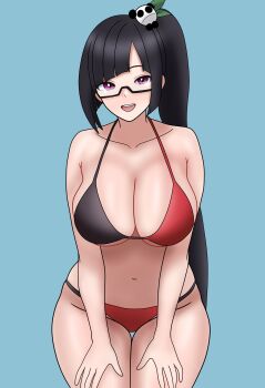 Rule 34 | absurdres, bikini, black-framed eyewear, black bikini, black hair, blazblue, blazblue: calamity trigger, blunt bangs, blush, bojack198, breasts, cleavage, hair ornament, hand on own thigh, high ponytail, highres, large breasts, leaning forward, litchi faye ling, looking at viewer, multicolored bikini, open mouth, panda hair ornament, ponytail, purple eyes, red bikini, swimsuit