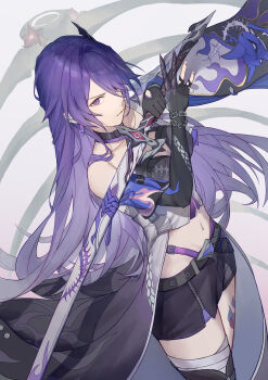 1girl absurdres acheron_(honkai:_star_rail) asymmetrical_footwear black_choker black_gloves black_shorts bone boots breasts chain choker cleavage coat coattails detached_sleeves earrings flower gloves hair_over_one_eye highres holding holding_sword holding_weapon honkai:_star_rail honkai_(series) jewelry leg_tattoo long_hair midriff multicolored_hair navel purple_eyes purple_hair red_flower rktusi scabbard sheath sheathed short_shorts shorts single_bare_shoulder single_earring solo stomach streaked_hair sword tattoo thigh_boots weapon white_coat
