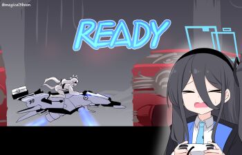 2girls aris_(blue_archive) black_hair blue_archive blue_halo closed_eyes controller game_controller halo highres himari_(armed)_(blue_archive) himari_(blue_archive) holding holding_controller holding_game_controller hover_bike mega_man_(series) mega_man_x5 mega_man_x_(series) multiple_girls necktie parody threeboon twitter_username white_hair