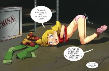 1girl arms_behind_back ass ass_shake begging blonde_hair blue_eyes blush bound come_hither crate english_text feet female_focus female_pervert from_side full_body inspector_gadget legs_together loli naughty_face no_pants nose_blush panties pants penny_(inspector_gadget) pervert pink_panties polka_dot polka_dot_panties polyle shadow shirt shoes socks solo speech_bubble teasing tied_up tongue tongue_out top-down_bottom-up translated twintails underwear unworn_pants unworn_shoes