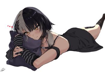 1girl arm_strap belt black_arm_warmers black_belt black_choker black_dress black_hair black_nails black_socks blue_eyes breasts chest_belt choker cleavage commentary dress grey_hair hair_ornament heart highres hololive hololive_english hugging_object long_hair lying multicolored_hair nail_polish on_stomach pillow pillow_hug shiori_novella shiori_novella_(1st_costume) signature simple_background sleeveless sleeveless_dress socks solo sooby600211 split-color_hair striped_arm_warmers two-tone_hair virtual_youtuber white_background yellow_eyes