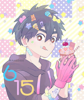 1boy black_hair cropped_torso dabu_(dabuchan) food food_on_face gloves hair_ornament highres holding holding_food hood hoodie kemono_jihen kusaka_kabane male_focus red_eyes red_gloves short_hair solo thick_eyebrows tongue tongue_out upper_body