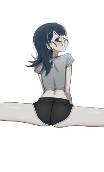1girl absurdres ass black_eyes black_shoes blue_hair blush closed_mouth crop_top cropped_shirt feet_out_of_frame glasses grey_shirt highres looking_at_viewer looking_back micro_shorts multicolored_hair original round_eyewear shirt shoes short_sleeves shorts simple_background slit_pupils solo split spread_legs streaked_hair syhan turning_head white_background