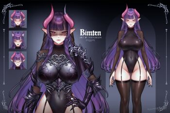 1girl animal_ear_fluff animal_ears armor artist_name bimten black_garter_straps black_leotard black_nails black_thighhighs blush breasts broken_horn cat_ears character_name closed_mouth covered_navel garter_straps gauntlets glasses hand_on_own_hip highres horns indie_virtual_youtuber leotard long_hair multiple_expressions official_alternate_hair_length official_alternate_hairstyle open_mouth pink_eyes pink_horns pointy_ears purple_hair short_hair smile teeth thighhighs upper_teeth_only virtual_youtuber vixylseijin