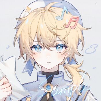 1boy ahoge bai_li_xuan blonde_hair blue_eyes blue_hat blue_shirt blush closed_mouth fortissimo hair_between_eyes hair_ornament hat long_hair looking_at_viewer male_focus musical_note musical_note_hair_ornament original portrait sample_watermark shirt solo watermark