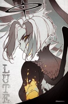 1girl amputee angel angel_wings animification black_halo blood character_name colored_skin grey_hair grey_wings halo hazbin_hotel hellaverse kawacy lute_(hazbin_hotel) solo two-tone_wings white_skin wings yellow_blood