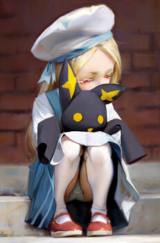 1girl absurdres blonde_hair blue_dress blurry blurry_background brick_wall commentary covered_mouth creature dress eyelashes full_body half-closed_eyes hat highres loli long_hair mahou_shoujo_ni_akogarete mary_janes morino_korisu outdoors panties parted_hair pink_eyes red_footwear sailor_hat shoes sitting socks squatting sweetonedollar underwear upskirt venalita white_headwear white_panties white_socks