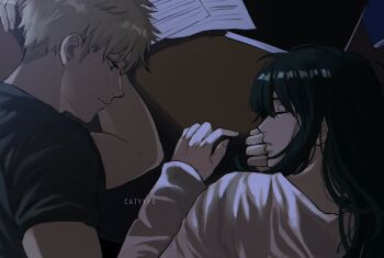 1boy 1girl artist_name black_hair black_shirt blonde_hair catyyps closed_eyes closed_mouth from_above hair_between_eyes highres long_hair long_sleeves looking_at_another paper parted_lips shirt short_hair short_sleeves sidelocks sleeping spy_x_family twilight_(spy_x_family) upper_body white_shirt yor_briar