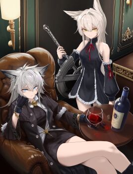 2girls absurdres animal_ears arknights armchair blue_eyes bottle chair crossed_legs cup drinking_glass gloves highres lappland_(arknights) legs long_hair looking_at_viewer mildt multiple_girls original red_wine scar sword watarai_alice weapon wine wine_bottle wine_glass wolf_ears wolf_girl yellow_eyes