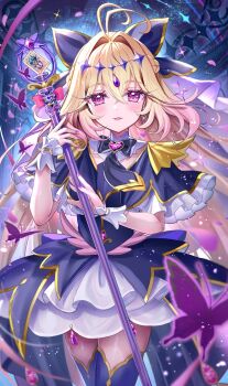 Rule 34 | 1girl, ahoge, akabane (zebrasmise), antenna hair, black dress, black pantyhose, black ribbon, blonde hair, blush, bug, butterfly, butterfly wings, capelet, card, collar, commentary, cure arcana shadow, dress, earrings, falling petals, gem, hair ornament, hair ribbon, highres, holding, holding wand, indoors, insect, insect wings, jewelry, light particles, long hair, looking at viewer, magic, magical girl, meitantei precure!, moria luluka, multicolored hair, neck ribbon, open mouth, pantyhose, petals, pink hair, precure, purple veil, red eyes, ribbon, skirt, sparkle, two-tone hair, veil, wand, white collar, white wrist cuffs, wings, wrist cuffs