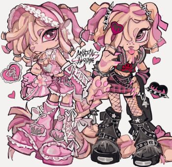 1girl :3 amatou_akuma animal_hands animal_nose arm_warmers bag bag_charm belt belted_leg_warmers black_bag black_belt black_boots black_leg_warmers black_shirt blonde_hair bonnet boots bow charm_(object) claws crop_top dog_girl dog_tail dreadlocks fashion freckles full_body furry furry_female gothic_punk gyaru hair_ornament hair_over_one_eye hand_on_headphones hand_on_own_hip handbag headphones headphones_around_neck heart heart_hair_ornament highres hime_gyaru komondor leg_warmer_chain leg_warmers littlest_pet_shop long_hair looking_at_viewer midriff_peek multicolored_hair multiple_belts multiple_views original pink_arm_warmers pink_bag pink_bonnet pink_eyes pink_hair pink_leg_warmers pink_nails pink_shirt pink_shoes pink_shorts pink_skirt plaid_clothes plaid_skirt plumeria punk shirt shoes shorts simple_background skirt skull_print standing streaked_hair striped_arm_warmers tail tongue tongue_out white_background white_bow