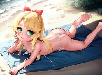 1girl :3 ass barefoot beach bikini blonde_hair bow closed_mouth collarbone commentary day elementary_(lolipope) feet flat_chest foot_out_of_frame green_eyes hair_bow highres himesaka_noa loli long_hair looking_at_viewer lying nipples on_stomach outdoors red_bow side-tie_bikini_bottom soles solo string_bikini swimsuit the_pose thick_eyebrows toes untied_bikini_top watashi_ni_tenshi_ga_maiorita! white_bikini
