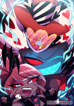 1girl 2boys :d ;d absurdres bare_shoulders black_gloves black_hat black_shirt blue_eyes blue_teeth blush bow bowtie chin_rest colored_sclera colored_skin colored_teeth commentary_request dark-skinned_female dark_skin earrings electricity eyeshadow fangs fewer_digits fingerless_gloves fingers_to_cheeks flower fur-trimmed_robe fur_trim gloves gold_teeth hand_on_another&#039;s_head hands_up hat hat_flower hazbin_hotel head_on_head head_rest heart heart-shaped_eyewear heart_print hellaverse highres index_fingers_raised jewelry long_hair looking_at_viewer makeup menattou multicolored_hair multiple_boys object_head one_eye_closed open_mouth pink_eyeshadow pixiv_id purple_skin raised_eyebrows red-tinted_eyewear red_bow red_bowtie red_hair red_hat red_robe red_sclera red_teeth robe sharp_teeth shirt skull_earrings sleeveless sleeveless_shirt sleeveless_turtleneck slit_pupils smile streaked_hair sunglasses teeth television tinted_eyewear tongue top_hat tsurime turtleneck turtleneck_shirt twintails two-tone_hair upper_teeth_only v-shaped_eyebrows valentino_(hazbin_hotel) velvette_(hazbin_hotel) very_dark_skin vox_(hazbin_hotel) white_eyes white_hair yellow-framed_eyewear