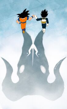 2boys armor black_hair blue_bodysuit blue_boots blue_sash blue_shirt blue_wrist_cuffs bodysuit boots commentary different_shadow dougi dragon_ball dragon_ball_super english_commentary fist_bump from_behind full_body hand_on_own_hip helmet highres medium_hair multiple_boys muscular muscular_male orange_pants orange_shirt pants ripped1taliano saiyan_armor sash shirt son_goku spiked_hair vegeta walking white_armor white_boots white_helmet wide_shot wrist_cuffs