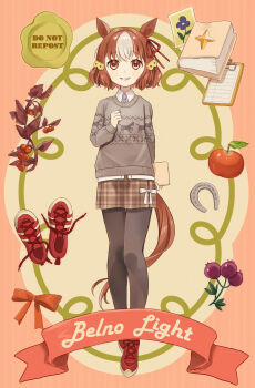 1girl absurdres animal_ears apple belno_light_(umamusume) black_pantyhose book bow brown_hair brown_skirt casual character_name clipboard commentary dress_shirt ear_ribbon food fruit full_body grey_sweater hair_ornament highres holding horse_ears horse_girl horse_tail horseshoe letter_hair_ornament long_sleeves looking_at_viewer multicolored_hair nekono_chigu pantyhose plaid_clothes plaid_skirt print_sweater red_shoes shirt shoes short_hair skirt smile sneakers solo standing sweater tail two-tone_hair umamusume umamusume:_cinderella_gray white_shirt