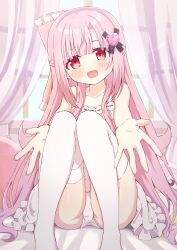 Rule 34 | 1girl, artina, blush, dress, frilled dress, frills, hair ornament, hairclip, highres, long hair, looking at viewer, open mouth, original, panties, pink hair, red eyes, sitting, sleeveless, sleeveless dress, smile, solo, thighhighs, underwear, white dress, white panties, white thighhighs, window