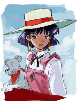 1girl :d bob_cut breasts commentary_request cub dark-skinned_female dark_skin dress earrings fushigi_no_umi_no_nadia gem green_eyes hat hoop_earrings jewelry king_(nadia) lion looking_to_the_side mou_(piooooon) nadia_la_arwall neckerchief necklace official_alternate_costume open_mouth pendant purple_hair red_neckerchief short_hair small_breasts smile