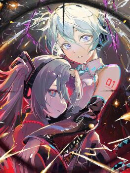 2girls ame929 aqua_eyes aqua_hair aqua_necktie aqua_trim bare_shoulders black_skirt black_sleeves collared_shirt crying crying_with_eyes_open detached_sleeves double-parted_bangs dual_persona grey_shirt hair_between_eyes hatsune_miku headset hibana_(vocaloid) highres marshmallow_(vocaloid) multiple_girls necktie number_tattoo purple_eyes red_pupils shirt shoulder_tattoo sighting skirt sleeveless sleeveless_shirt tattoo tears twintails vocaloid