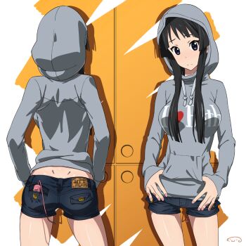 1girl akiyama_mio ass backboob black_hair blue_eyes breasts clothes_writing contrapposto denim denim_shorts dimples_of_venus discreet_vibrator female_focus female_masturbation from_behind hands_in_pockets head_tilt hip_focus hood hoodie k-on! large_breasts long_hair looking_at_viewer masturbation micro_shorts midriff multiple_views nail_polish panties sex_toy short_shorts shorts sidelocks standing stealth stealth_masturbation suna_(sandworks) thumbs_in_pockets underwear vibrator vibrator_under_clothes vibrator_under_panties
