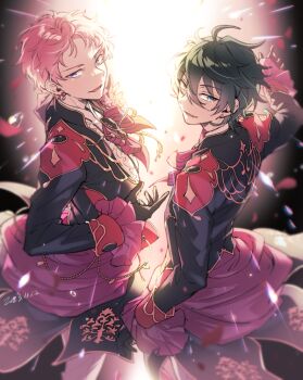 Rule 34 | 2boys, black gloves, blue eyes, circus66, commentary request, dated, earrings, ensemble stars!, from above, gem, gloves, green hair, hair between eyes, heterochromia, itsuki shu, jewelry, kagehira mika, long sleeves, male focus, multiple boys, neverland (ensemble stars!), official alternate costume, pink hair, purple eyes, short bangs, short hair, smile, valkyrie (ensemble stars!)