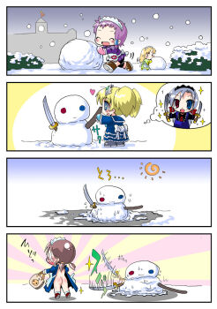 +_+ 4girls 4koma ass blonde_hair blue_eyes brown_hair chibi comic dual_wielding fancy futaba_channel hair_ornament hair_ribbon heart heterochromia hidoi holding horns hoshino_darts imagining imoge itai kirin_(nijiura_maids) maid multiple_girls nijiura_maids outdoors ponytail purple_hair ribbon shinmai silent_comic silver_hair snow snowman sword tears twintails weapon