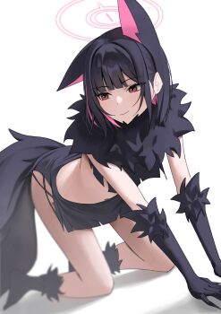 1girl absurdres animal_ears black_claws black_hair black_tail blue_archive cat_ears colored_inner_animal_ears colored_inner_hair extra_ears fake_claws fur-trimmed_gloves fur-trimmed_socks fur_sleeves fur_trim gloves halloween_costume halo highres kazusa_(blue_archive) kazusa_(halloween)_(blue_archive) looking_to_the_side momocadraw multicolored_hair official_alternate_costume pink_halo red_eyes skirt solo torn_clothes torn_skirt werewolf_costume white_background