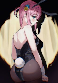 1girl absurdres animal_ear_hairband animal_ears black_leotard black_pantyhose blue_eyes bocchi_the_rock! cube_hair_ornament curtains detached_collar fake_animal_ears gotoh_hitori hair_ornament hairband highres leotard long_hair one_side_up pantyhose pink_hair rabbit_ears rabbit_tail rounizm sitting solo spotlight strapless strapless_leotard tail wrist_cuffs