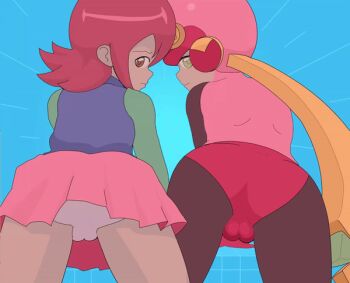 2girls animated animated_gif ass brown_eyes cleft_of_venus female_focus from_behind green_eyes loli looking_at_viewer looking_back mayl_sakurai_(mega_man) mega_man_(series) multiple_girls nude pussy red_hair roll.exe_(mega_man) rommi