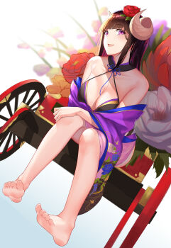 1girl azur_lane barefoot blush breasts brown_hair cleavage collarbone curled_horns dutch_angle feet female_focus flower full_body hair_flower hair_ornament highres horns japanese_clothes kimono kojo_(0124) large_breasts long_hair md5_mismatch on_bench open_mouth purple_eyes resolution_mismatch rickshaw sitting smile soles solo source_larger suruga_(azur_lane) suruga_(hundred_flower&#039;s_auspice)_(azur_lane) toes