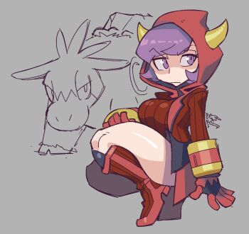 1girl alternate_breast_size breasts caliginousarts camerupt courtney_(pokemon) doodle_inset dress fake_horns gen_3_pokemon highres hood hood_up hooded_vest hoodie horned_headwear horned_hood horns large_breasts light_frown long_sleeves looking_at_viewer nintendo pokemon pokemon_(creature) pokemon_oras purple_eyes purple_hair red_hood ribbed_dress ribbed_sweater short_dress short_hair solo squatting sweater sweater_dress team_magma team_magma_uniform thighs v-shaped_eyebrows vest