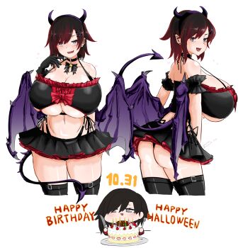 1girl absurdres ass bat_(animal) bikini birthday_cake black_bikini black_bow black_bowtie black_choker black_hair black_lips black_thighhighs blush bow bowtie breasts butter_knife cake chibi choker cleavage dated demon_girl demon_horns demon_tail demon_wings earrings fangs food fork ghost grey_eyes hair_ornament hairclip halloween happy_birthday happy_halloween headband highleg highleg_bikini highres holding holding_fork holding_knife horns huge_breasts jack-o'-lantern jewelry knife lipstick looking_at_viewer makeup microskirt multicolored_hair multiple_earrings odakubara pumpkin red_hair ruby_rose rwby short_hair sideboob skirt solo stud_earrings swimsuit tail thighhighs underboob wings