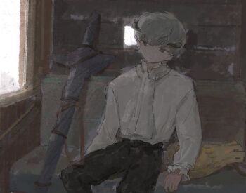 Rule 34 | 1boy, 4sssst, bag, black horns, black pants, closed mouth, commentary request, grey eyes, grey hair, highres, horns, indoors, long sleeves, male focus, metaphor: refantazio, pants, shirt, sitting, solo, strohl (metaphor: refantazio), weapon bag, white shirt