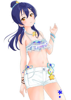 1girl absurdres alternate_hairstyle aqua_ribbon aqua_scrunchie artist_name artist_request bare_shoulders bikini blue_bikini blue_hair blush bracelet breasts brown_eyes cleavage collarbone crescent crescent_necklace earrings female_focus frilled_bikini frills gem hair_between_eyes hair_bun hair_ornament hairclip half-closed_eyes heart heart_earrings high_ponytail highres jewelry long_hair looking_at_viewer love_live! love_live!_school_idol_festival love_live!_school_idol_project medium_breasts necklace parted_lips pearl_(gemstone) pearl_hair_ornament pearl_necklace ponytail ribbon scrunchie short_pants short_shorts shorts side-tie_shorts single_hair_bun smile solo sonoda_umi star_(symbol) star_hair_ornament star_necklace string_bikini swimsuit white_background white_shorts wrist_scrunchie yellow_eyes