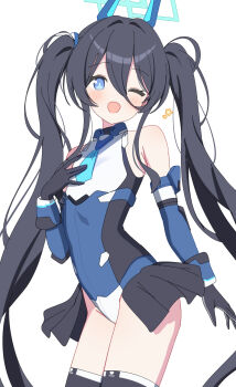 Rule 34 | 1girl, ;o, aqua halo, aris (armed) (blue archive), aris (blue archive), bare shoulders, black gloves, black hair, black thighhighs, blue archive, blue eyes, blue necktie, blush, breasts, cowboy shot, foulo paints, gloves, hair between eyes, halo, headgear, highres, leotard, long hair, long hair between eyes, looking at viewer, mecha musume, mechanical arms, multicolored leotard, necktie, official alternate costume, one eye closed, open mouth, rectangular halo, ringed eyes, showgirl skirt, simple background, small breasts, solo, thighhighs, twintails, very long hair, white background, white leotard