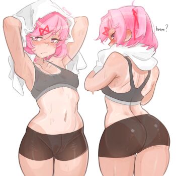 1girl absurdres armpits ass back bare_shoulders blush breasts commentary doki_doki_literature_club emiillb gym_shorts hair_ribbon highres holding holding_towel natsuki_(doki_doki_literature_club) navel pink_eyes pink_hair red_ribbon ribbon shorts small_breasts solo sweat sweatdrop symbol-only_commentary tan tanline towel twitter_username white_background