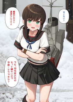1girl :d anchor_symbol black_sailor_collar black_skirt black_socks blue_neckerchief blush breasts brown_hair cold collar commentary_request crossed_arms feet_out_of_frame fubuki_(kancolle) fubuki_kai_ni_(kancolle) green_eyes highres ichikawa_feesu kantai_collection kneehighs long_hair looking_at_viewer low_ponytail mast medium_breasts midriff miniskirt navel neckerchief open_mouth outdoors pleated_skirt ponytail rigging sailor_collar short_sleeves sidelocks skirt smile smokestack snow snowing socks solo speech_bubble translation_request winter_uniform