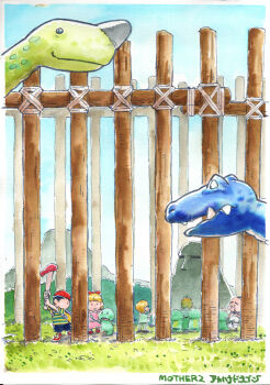 1girl 3boys akahanadragon baseball_bat baseball_cap black_hair blonde_hair bow braid chomposaur covering_nose dinosaur dougi dress durian fence grass hair_bow hat highres jeff_andonuts karate_gi looking_at_another mother_(series) mother_2 multiple_boys ness_(mother_2) nintendo outdoors paula_(mother_2) poo_(mother_2) rock shirt shorts striped_clothes striped_shirt talking_rock_(mother_2) tenda_(mother) topknot wetnosaur wooden_cage wooden_fence