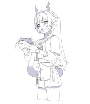 1girl arknights arknights:_endfield artpatient chen_qianyu_(arknights) coat dragon_girl dragon_horns dragon_tail dress eastern_dragon_horns eastern_dragon_tail hair_intakes horns long_hair looking_at_viewer monochrome open_clothes open_coat ponytail simple_background solo sweat tail thighs twintails white_background