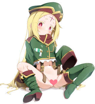 blonde_hair blush boots bottomless censored closed_mouth commentary_request cosplay cropped_jacket dot_mouth facial_mark forehead forehead_mark full_body green_boots green_hat green_jacket hand_up hat heart heart_censor high_heel_boots high_heels highres jacket leoparde_(mahou_shoujo_ni_akogarete) leoparde_(mahou_shoujo_ni_akogarete)_(cosplay) loli long_hair looking_at_viewer mahou_shoujo_ni_akogarete medal military_hat military_jacket morino_korisu navel nekono_matatabi parted_bangs red_eyes simple_background sitting sleeves_past_fingers sleeves_past_wrists solo spread_legs thigh_boots white_background