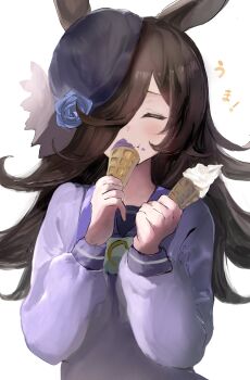 1girl absurdres animal_ears blue_flower blue_hat blue_rose blush bow bowtie brown_hair closed_eyes closed_mouth flipped_hair flower food hair_over_one_eye hat hat_flower highres holding holding_food holding_ice_cream holding_ice_cream_cone horse_ears horse_girl ice_cream ice_cream_cone long_hair long_sleeves purple_sailor_collar purple_shirt rice_shower_(umamusume) rose sailor_collar sailor_shirt school_uniform shirt simple_background smile solo takinii tilted_headwear tracen_school_uniform umamusume upper_body white_bow white_bowtie