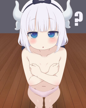 1girl ? blue_eyes blush crossed_legs dragon_girl dragon_horns hair_ornament hairband highres horns kanna_kamui kobayashi-san_chi_no_maidragon legs loli long_hair navel panties pink_panties s-ghost solo standing stomach thighs topless_female twintails underwear