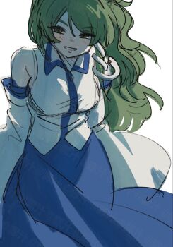 1girl ame_iru blue_skirt blush collared_shirt detached_sleeves green_eyes green_hair hair_ornament hair_tubes highres kochiya_sanae long_hair looking_at_viewer parted_lips shirt single_hair_tube skirt sleeveless sleeveless_shirt smile snake_hair_ornament solo touhou white_background white_shirt